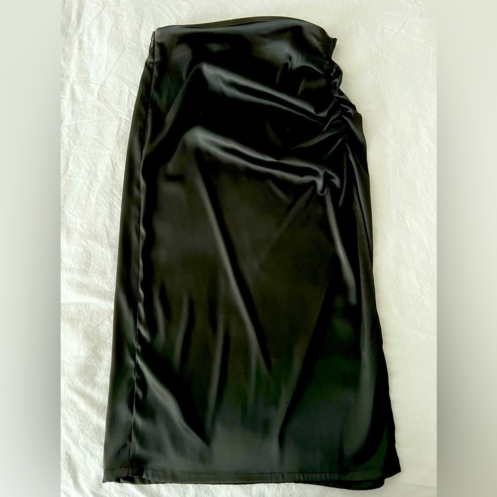 Dynamite black satin long skirt with slit and ruching